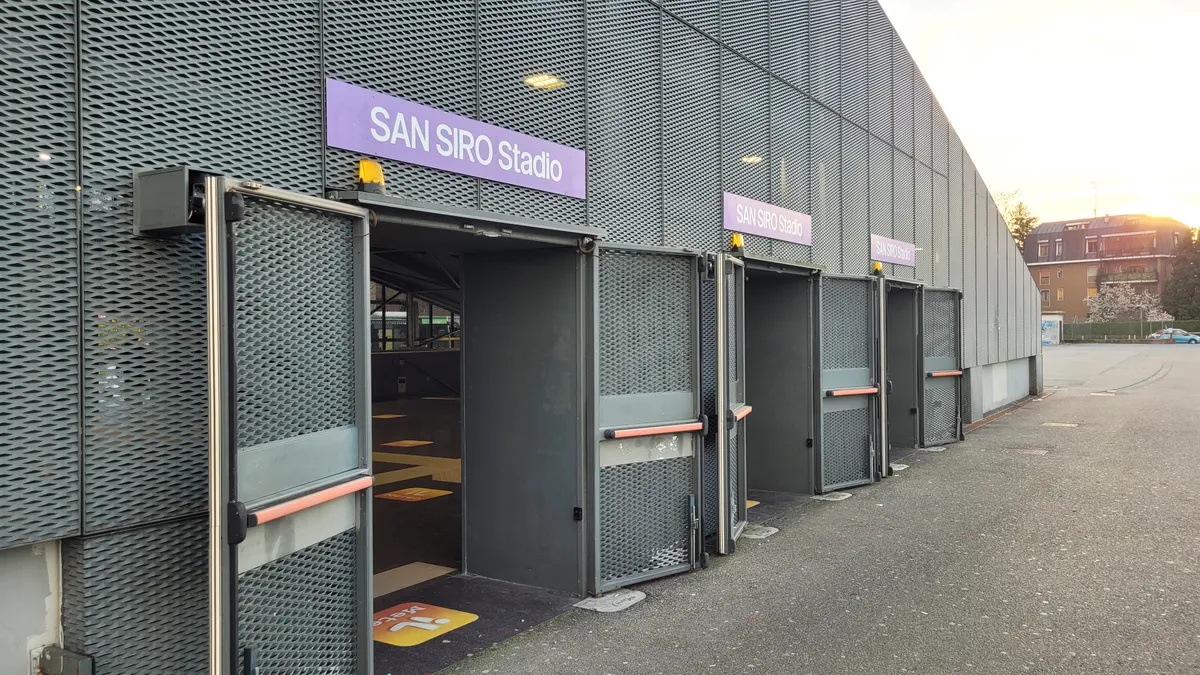 Exit of San Siro Stadio metro station on the M5 lilac line, the closest stop for how to get to San Siro in Milan