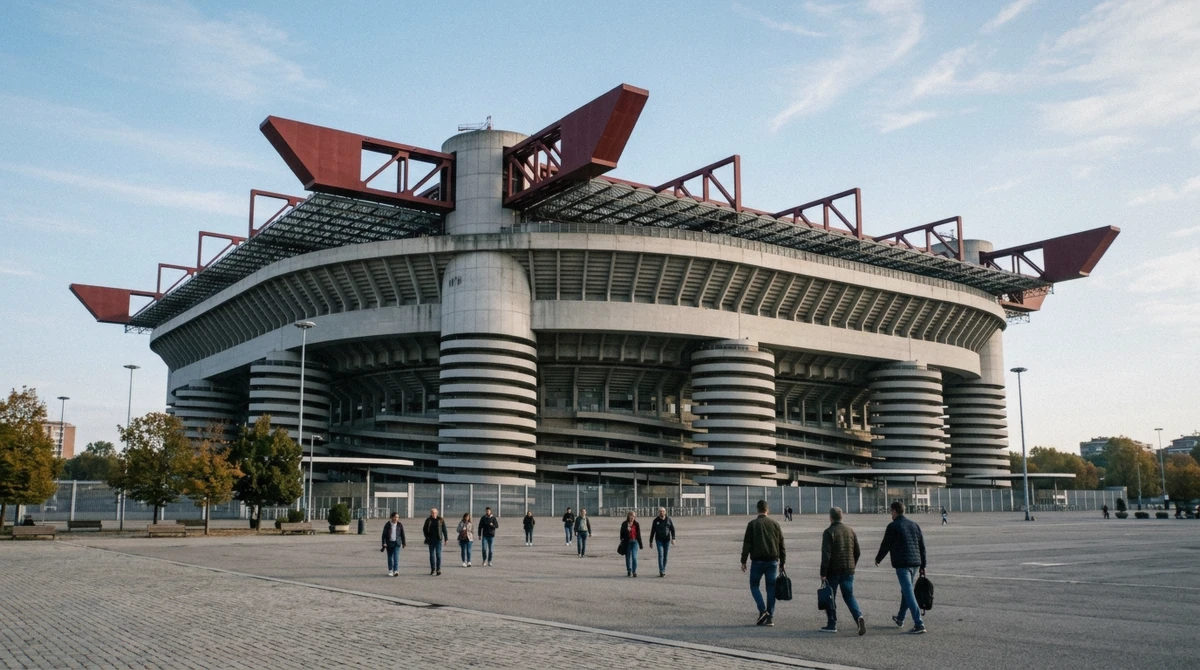 The spiral ramp towers and red girders of San Siro seen before a Milan stadium tour