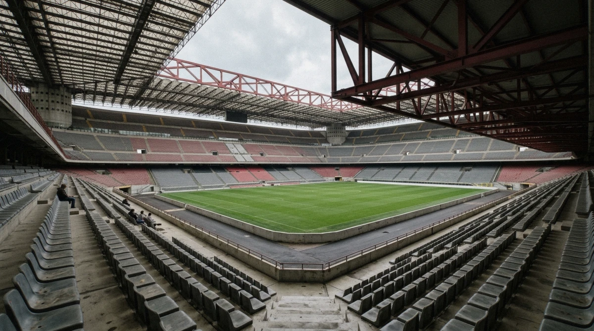 View across the tiered stands and pitch on a San Siro Milan stadium tour