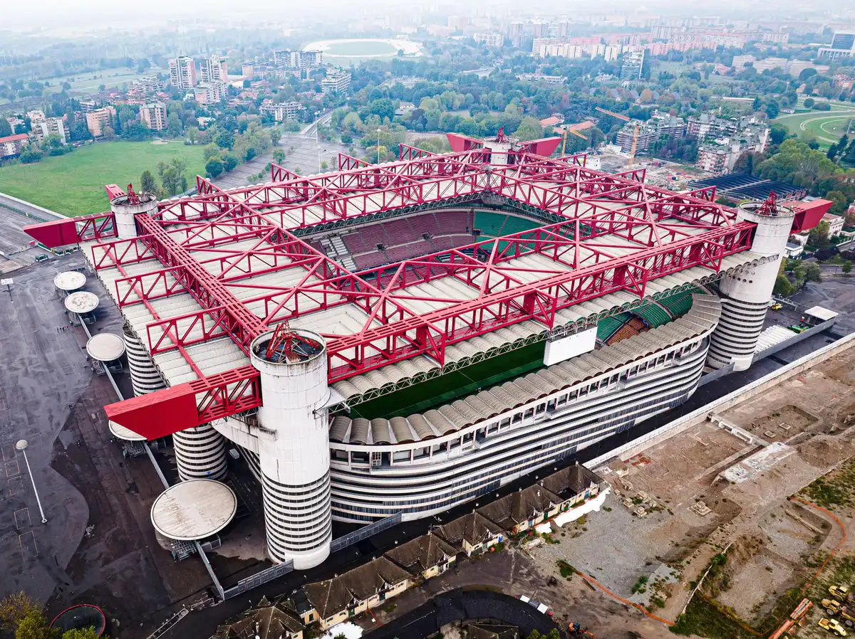 Rooftop skywalk view over the pitch on a Milan stadium tour at San Siro, Italy